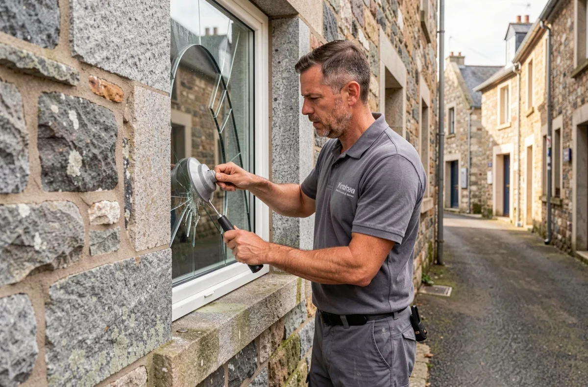 Technicien d'Accès Dépannage remplaçant une vitre brisée en urgence sur une maison en pierre bretonne
