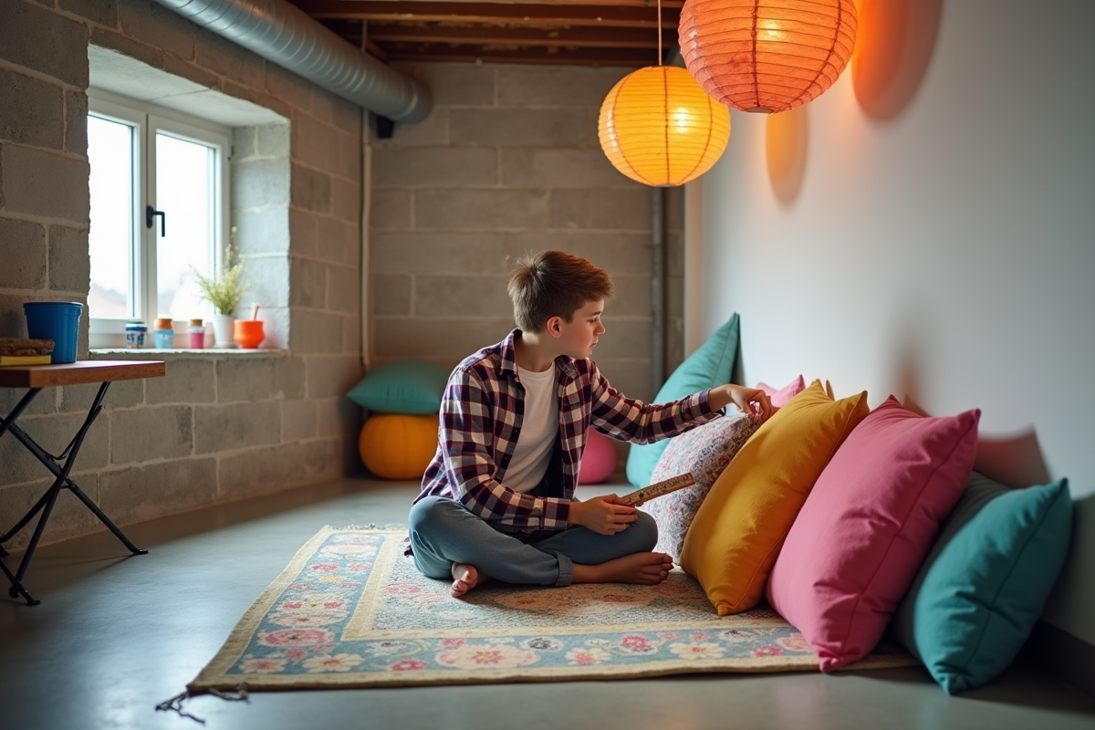Adolescent d&eacute;corant un sous-sol avec coussins et lanternes