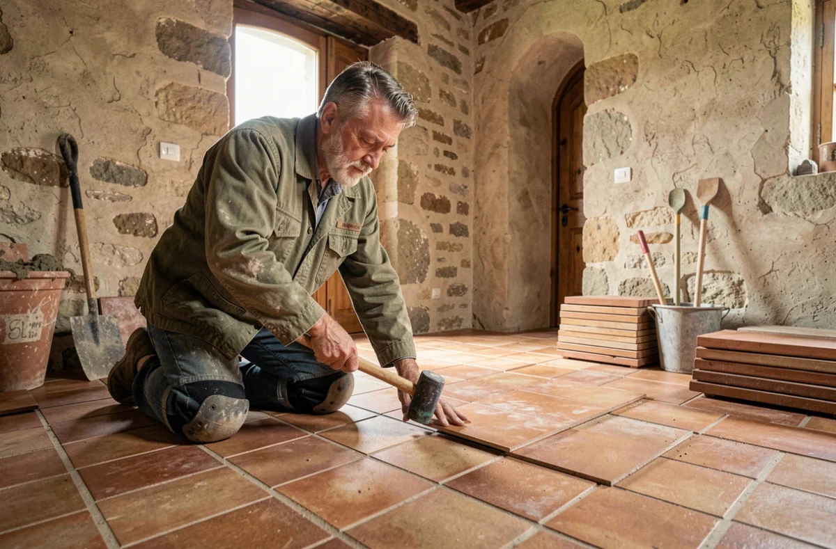 Afonso Antonio posant des carreaux en terre cuite dans l'intérieur d'une maison ancienne dans les Hauts-de-France