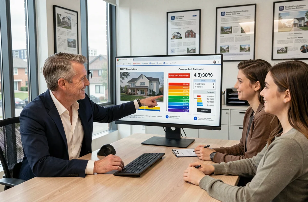 Agent immobilier présentant un rapport de simulation DPE à des acheteurs dans une agence immobilière moderne
