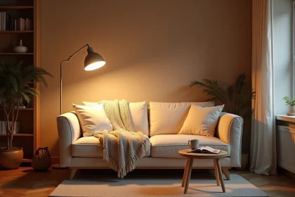 Salon cosy avec une lampe à blanc chaud, canapé en lin crème et ambiance scandinave enveloppante
