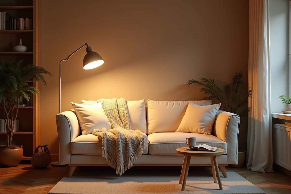 Salon cosy avec une lampe à blanc chaud, canapé en lin crème et ambiance scandinave enveloppante