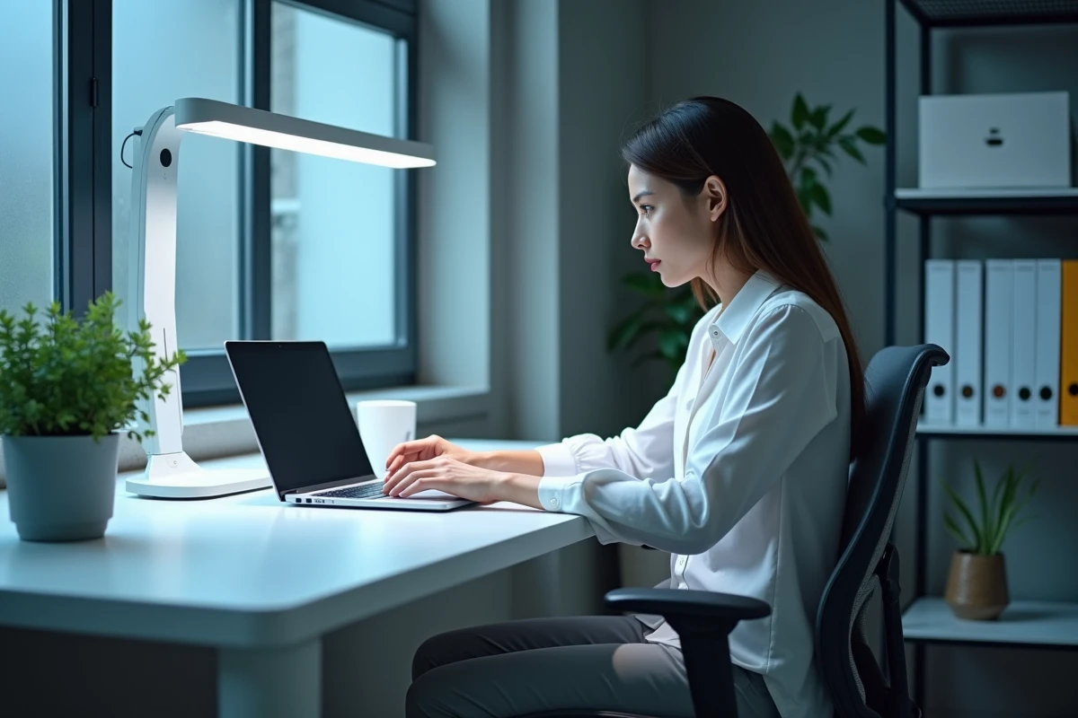 Femme travaillant dans un bureau à domicile avec un éclairage blanc froid et une ambiance moderne épurée
