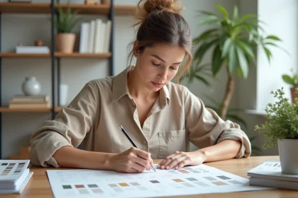 Femme analysant les résultats d'un test de décoration intérieure sur son bureau à domicile