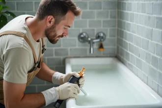 Artisan appliquant un joint acrylique blanc entre une baignoire et un carrelage gris avec un pistolet à calfeutrer professionnel