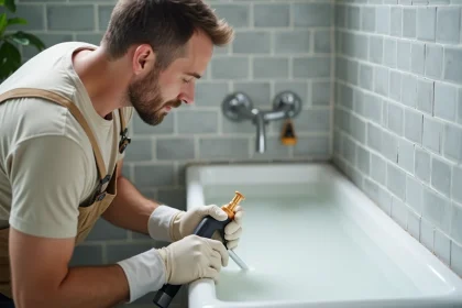 Artisan appliquant un joint acrylique blanc entre une baignoire et un carrelage gris avec un pistolet à calfeutrer professionnel