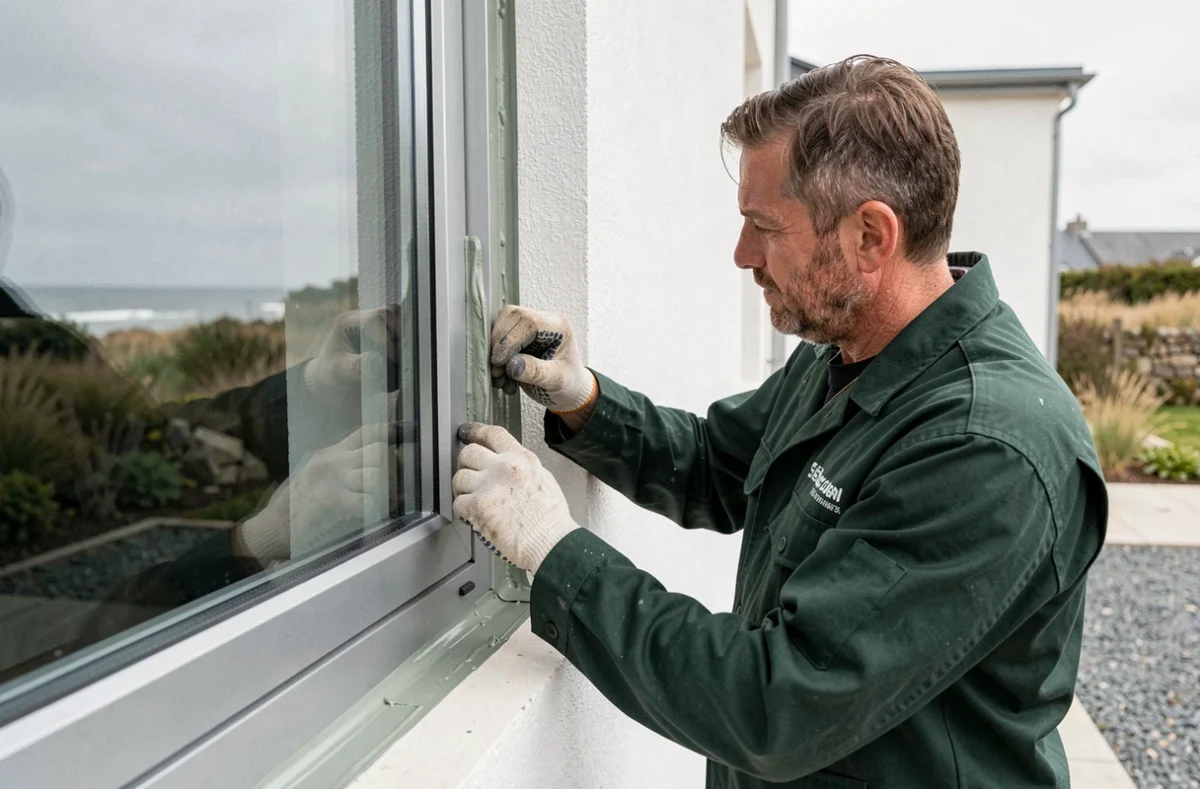 Spécialiste d'Arcane scellant le cadre d'une fenêtre aluminium sur une maison contemporaine bretonne