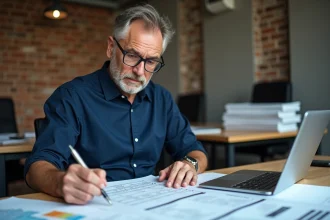 Architecte analysant un devis IPN métal avec des fiches de coût détaillées sur son bureau