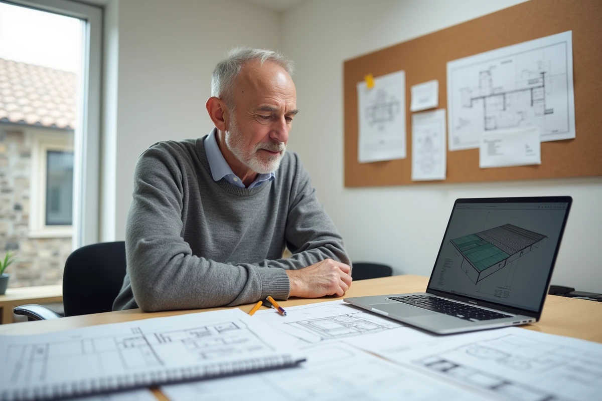 Architecte analysant un devis de charpente et toiture pour une maison de 100m2 dans un bureau de chantier