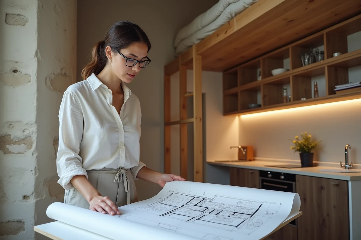 Architecte intérieure consultant des plans dans un studio parisien optimisé avec rangements muraux et mezzanine