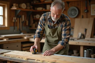 Artisan mesurant une planche de bois brut dans un atelier de menuiserie pour fabriquer des volets en bois