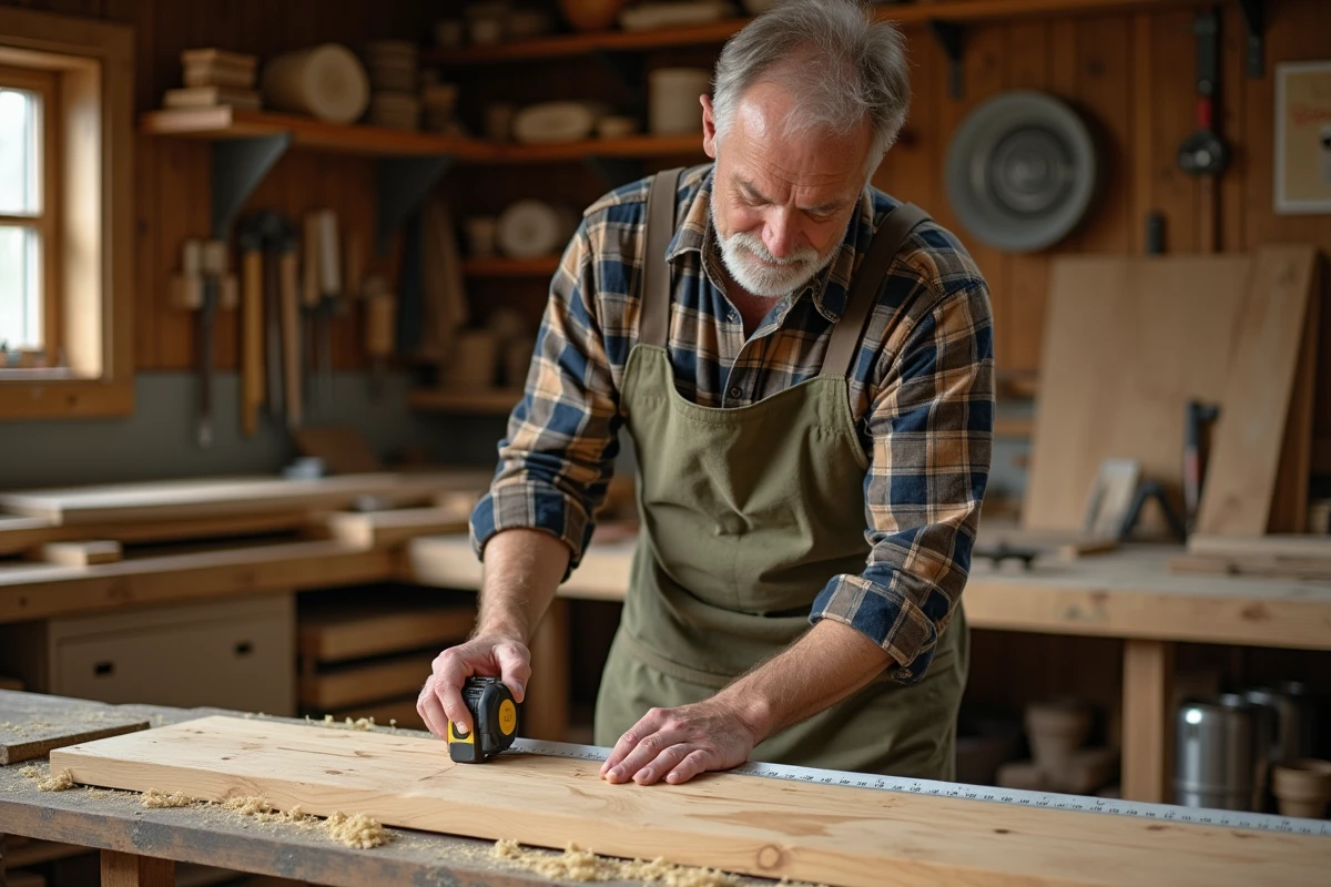 Artisan mesurant une planche de bois brut dans un atelier de menuiserie pour fabriquer des volets en bois