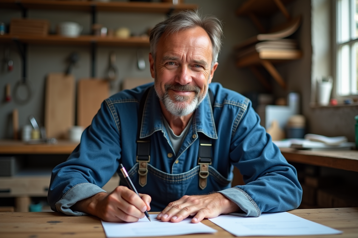 Artisan homme signant un document dans son atelier