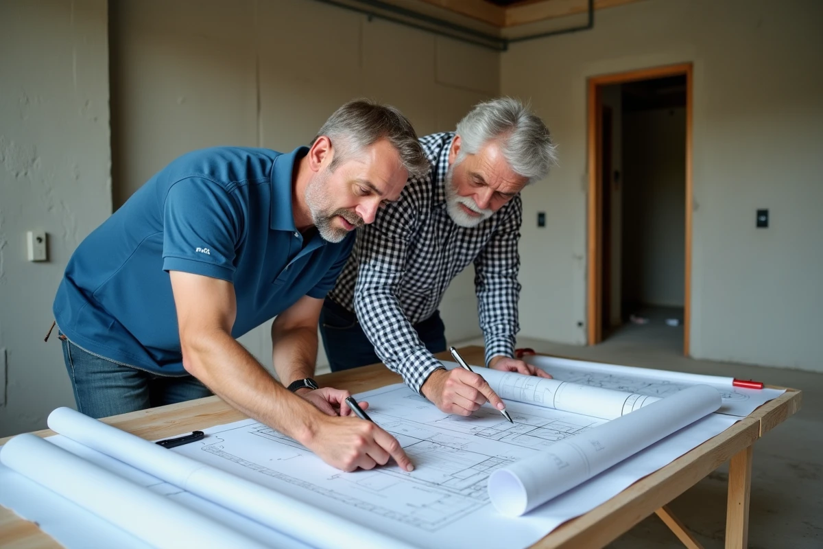 Deux artisans du bâtiment étudiant des plans architecturaux sur un établi dans une pièce en cours de rénovation