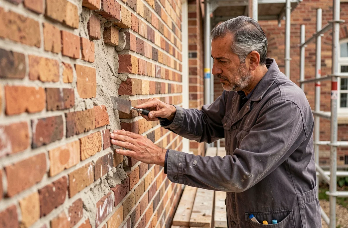 Asfour Mohamed rejointoyant les briques d'un vieux mur en brique rouge sur un chantier de rénovation dans les Hauts-de-France