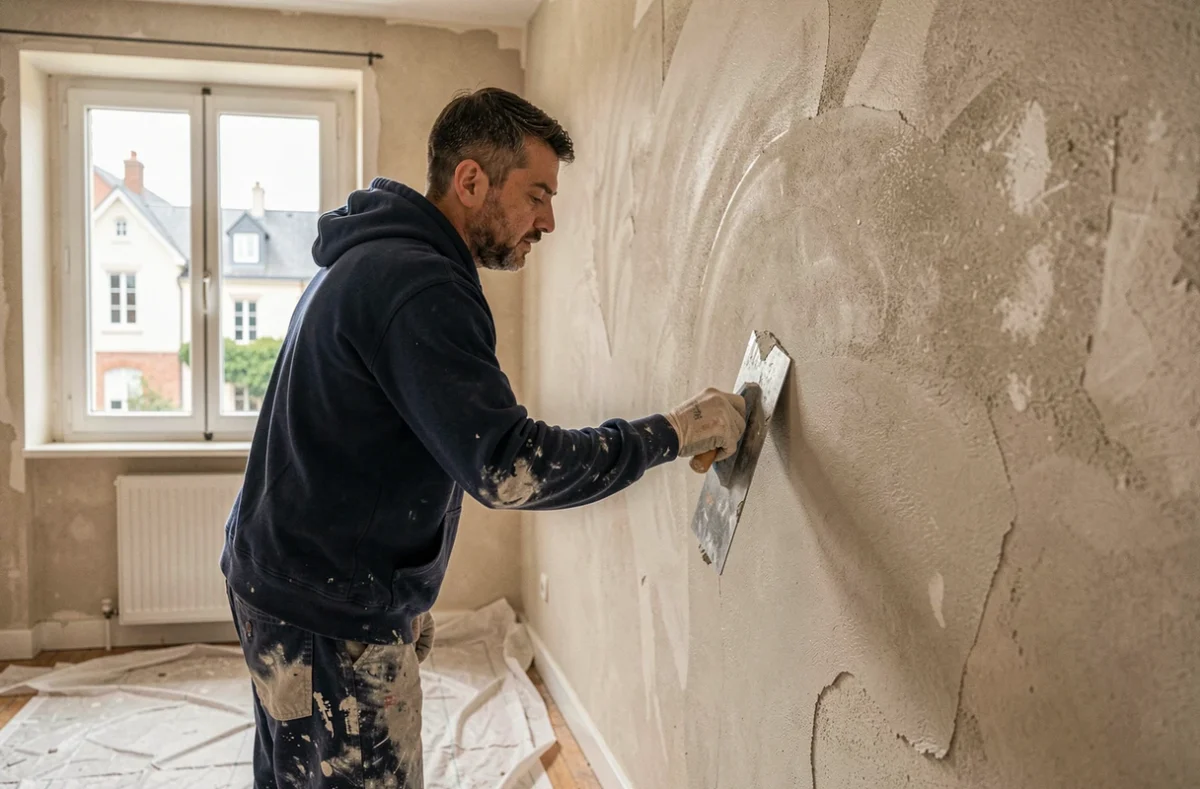 Atalay Seref appliquant une couche de finition de plâtre sur un mur intérieur lors d'une rénovation dans les Hauts-de-France