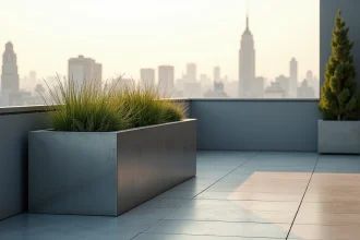 Bac acier imitation zinc sur une terrasse résidentielle avec végétation ornementale et vue urbaine en arrière-plan