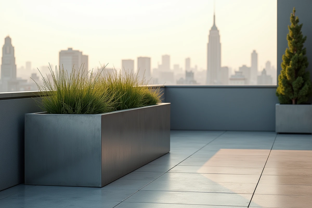 Bac acier imitation zinc sur une terrasse résidentielle avec végétation ornementale et vue urbaine en arrière-plan