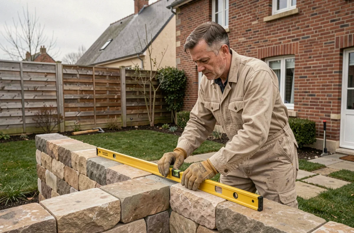 Artisan de Bâti Renov Aménage construisant un mur de soutènement en pierre calcaire dans un jardin résidentiel des Hauts-de-France