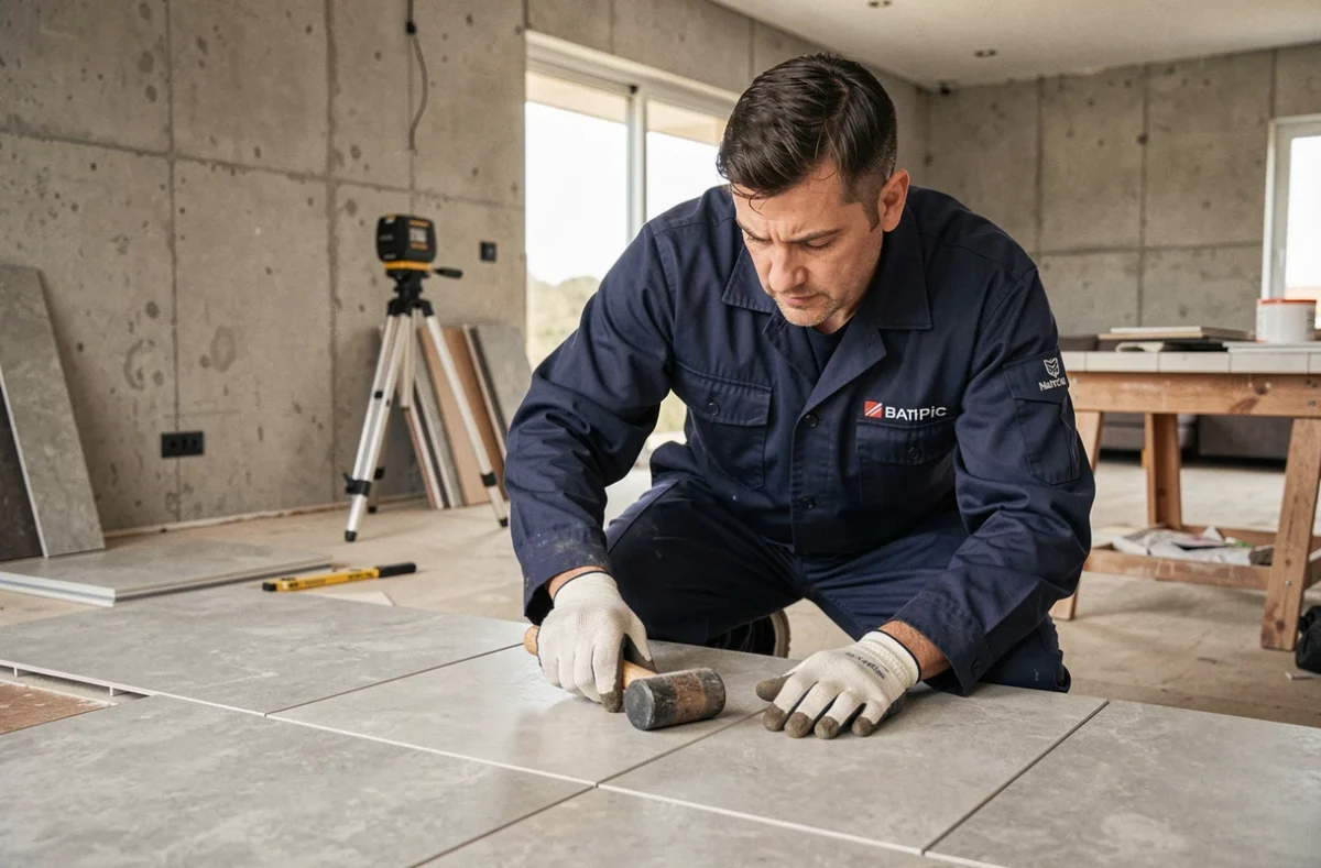 Poseur de carrelage Batipic alignant des carreaux grand format dans un espace de vie en rénovation