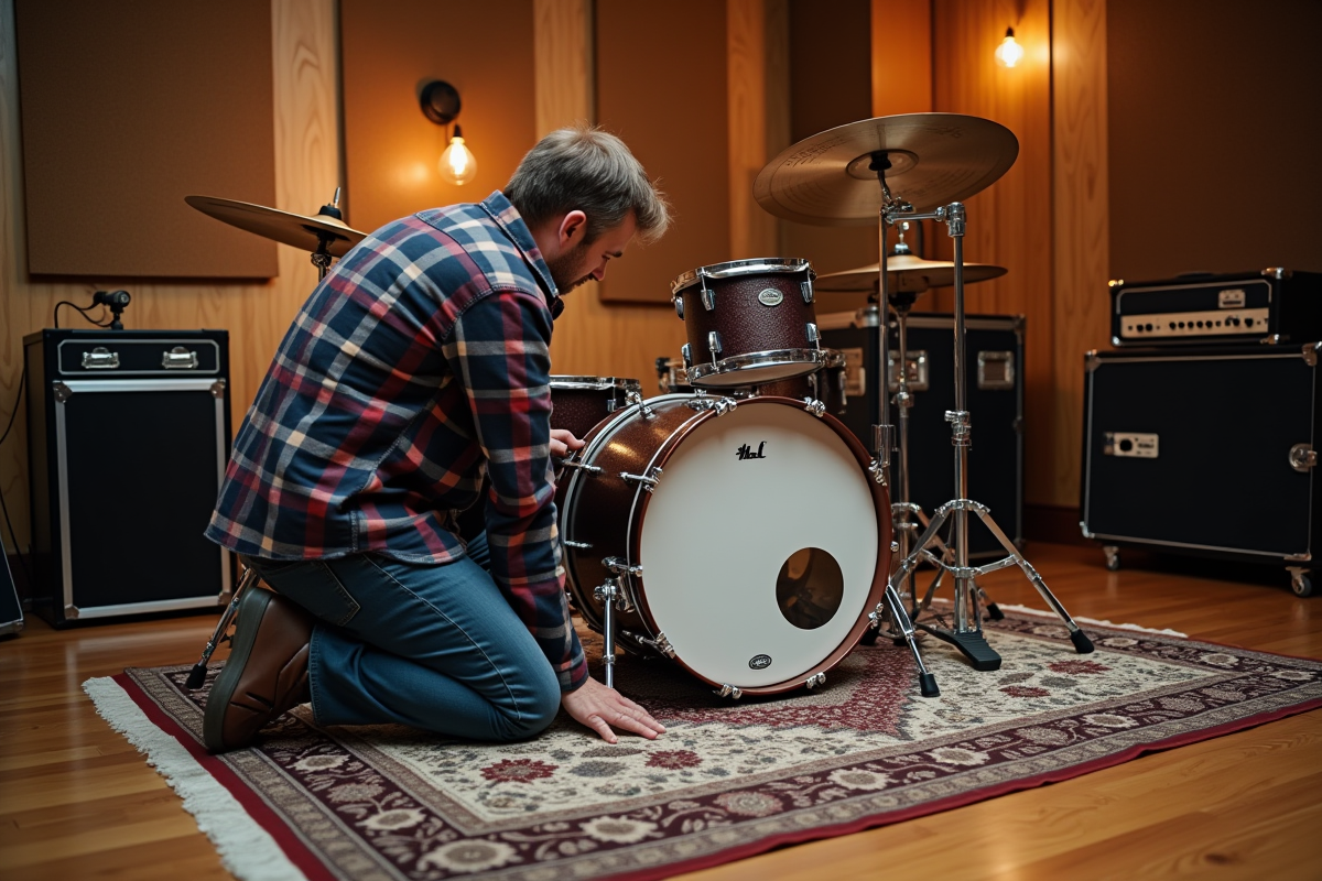 Batteur d'âge moyen ajustant un tapis dans un studio de musique