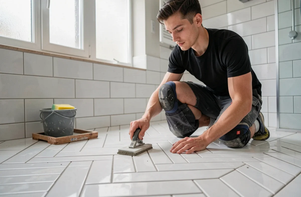 Professionnel de Bg-carrelage réalisant le jointoiement d'un carrelage en chevron dans un appartement moderne