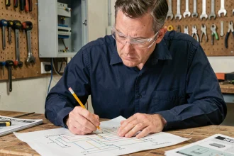 Bricoleur débutant étudiant un schéma électrique 380V converti en 220V sur un établi en bois dans un atelier