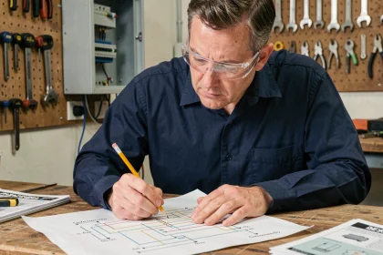 Bricoleur débutant étudiant un schéma électrique 380V converti en 220V sur un établi en bois dans un atelier