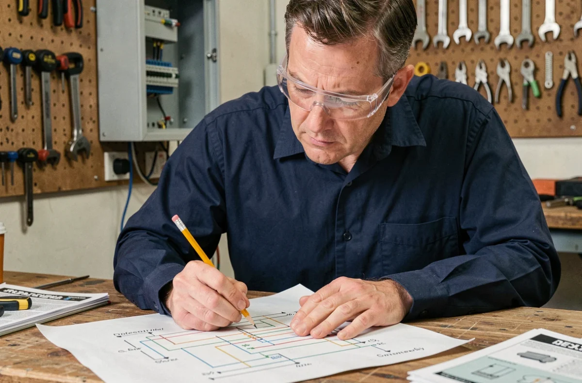 Bricoleur débutant étudiant un schéma électrique 380V converti en 220V sur un établi en bois dans un atelier