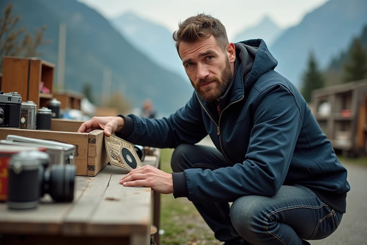 Homme parcourant des disques vinyles vintage lors d'un vide-grenier en périphérie d'Annecy avec les Alpes en arrière-plan