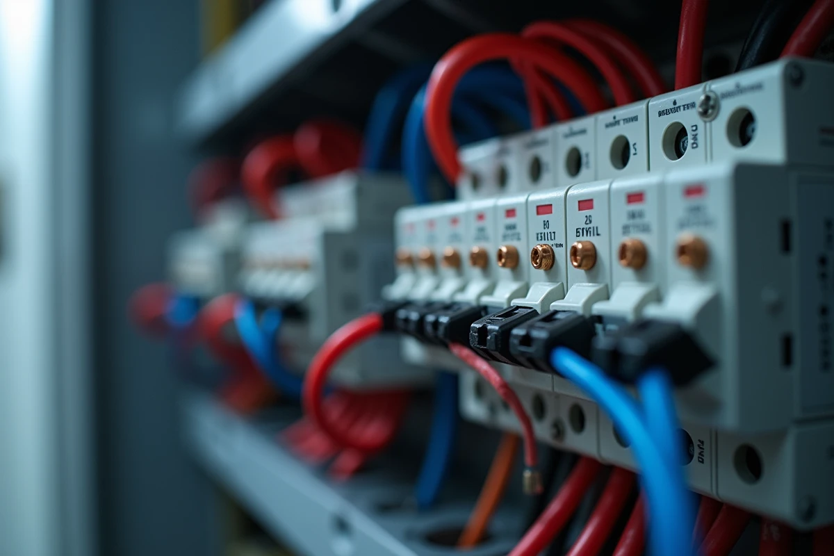 Câblage détaillé d'un télérupteur avec fils d'interrupteur poussoir dans un tableau électrique résidentiel moderne bien organisé