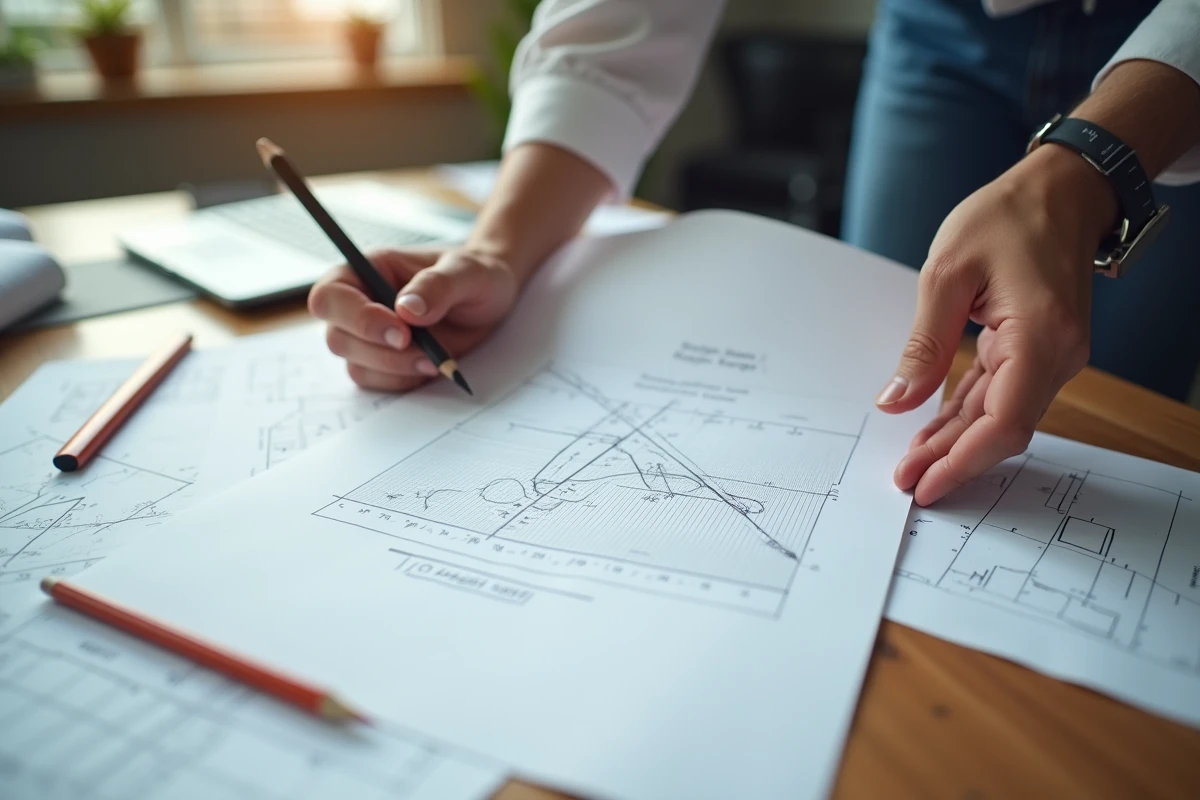 Mains d'ingénieur tenant un diagramme de calcul de pente en degrés et longueur de rampe sur papier millimétré