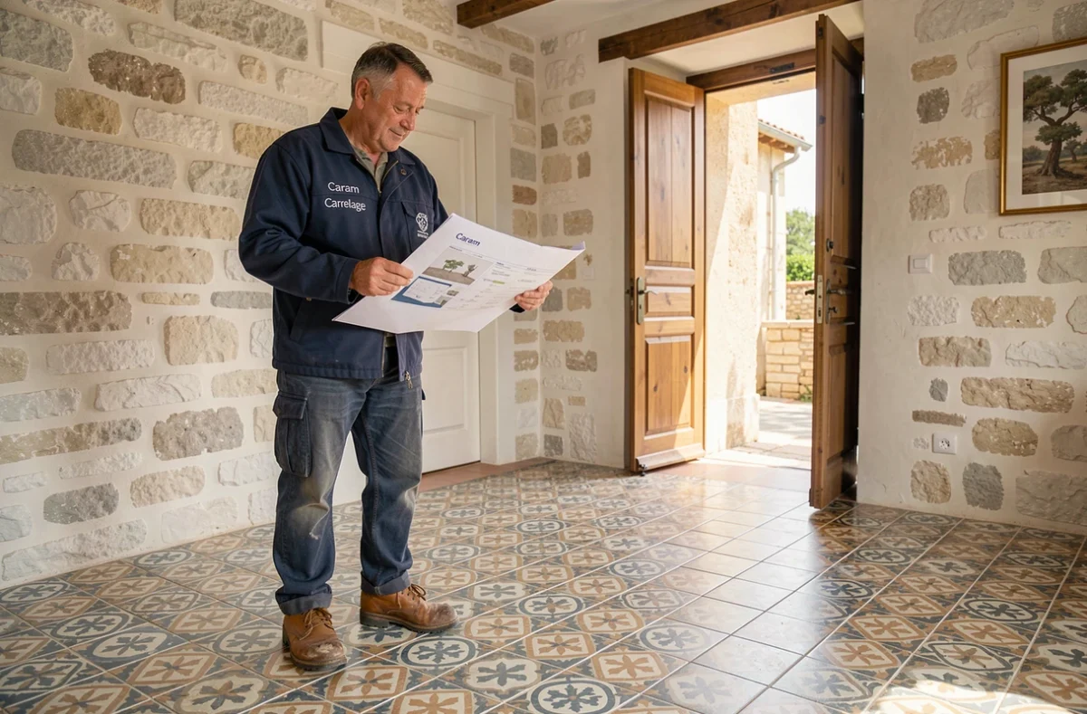 Artisan de Caram Carrelage devant un sol en carreaux de ciment décoratifs dans une maison de ville de l'Hérault