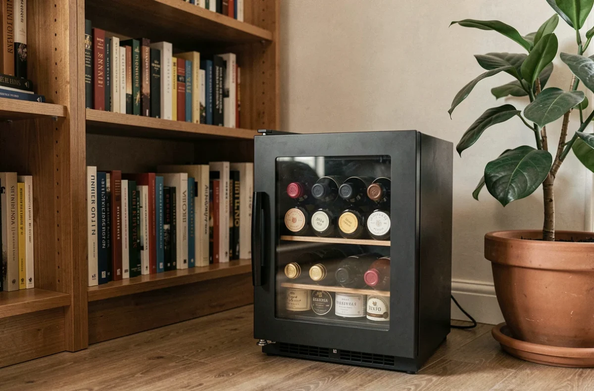 Cave à vin mini encastrée dans un salon avec bibliothèque et plantes d'intérieur