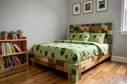 Chambre d'enfant décorée avec un lit style Minecraft en bois peint et literie pixel art