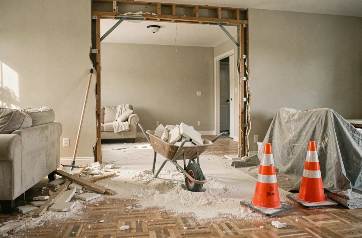 Vue grand angle d'un chantier de démolition de mur non porteur dans une maison avec débris et protection au sol