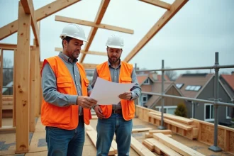 Deux charpentiers inspectant la structure en bois d'une toiture de maison individuelle sur un chantier de construction
