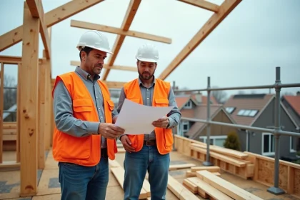Deux charpentiers inspectant la structure en bois d'une toiture de maison individuelle sur un chantier de construction