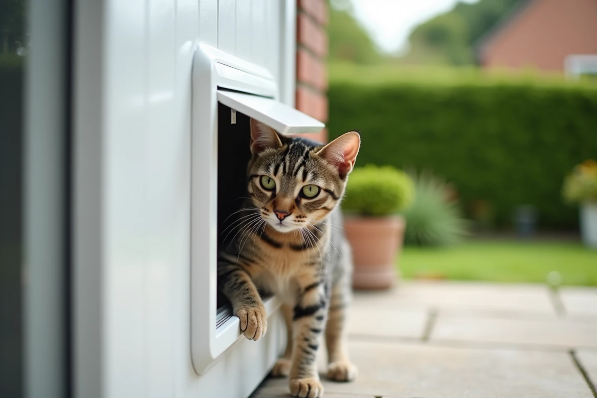 Chat tigré passant par une chatière proprement installée dans une porte PVC blanche vue depuis l'extérieur