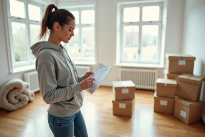 Femme consultant une checklist de déménagement dans un appartement vide avec des cartons empilés en arrière-plan