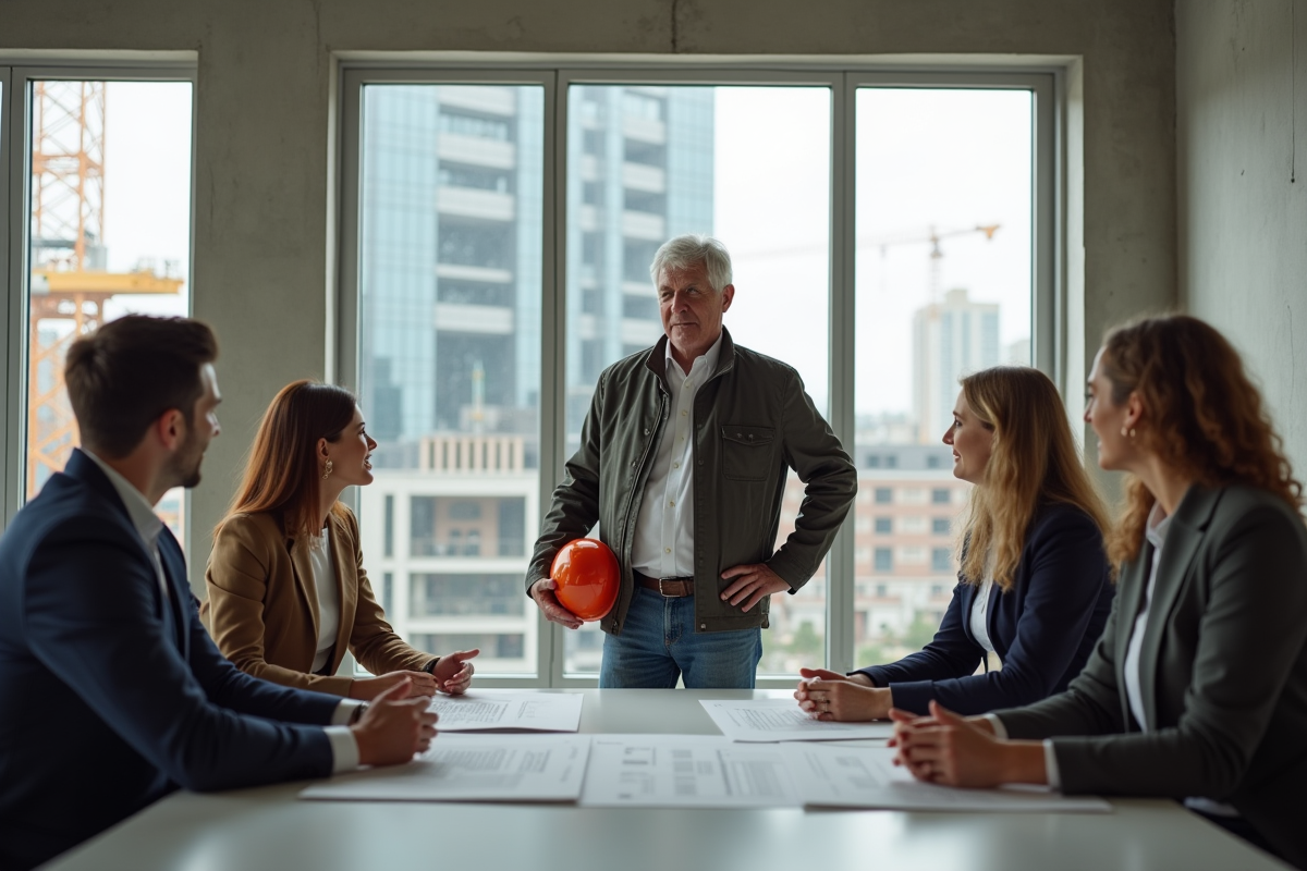Chef de chantier senior discute avec équipe dans un bureau lumineux
