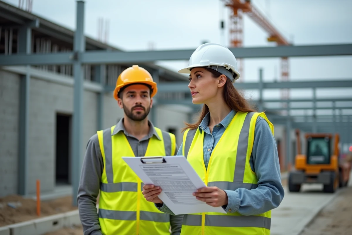 Cheffe de chantier et entrepreneur discutant d'un devis IPN métal sur un chantier de construction