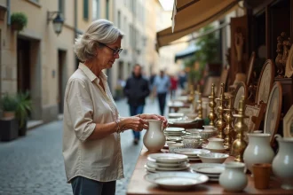 Femme chinant une cruche en céramique vintage sur un vide-grenier à Annecy