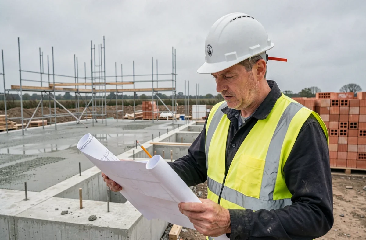 Chef de chantier de CMN Construction consultant des plans sur un chantier de construction neuve dans les Hauts-de-France