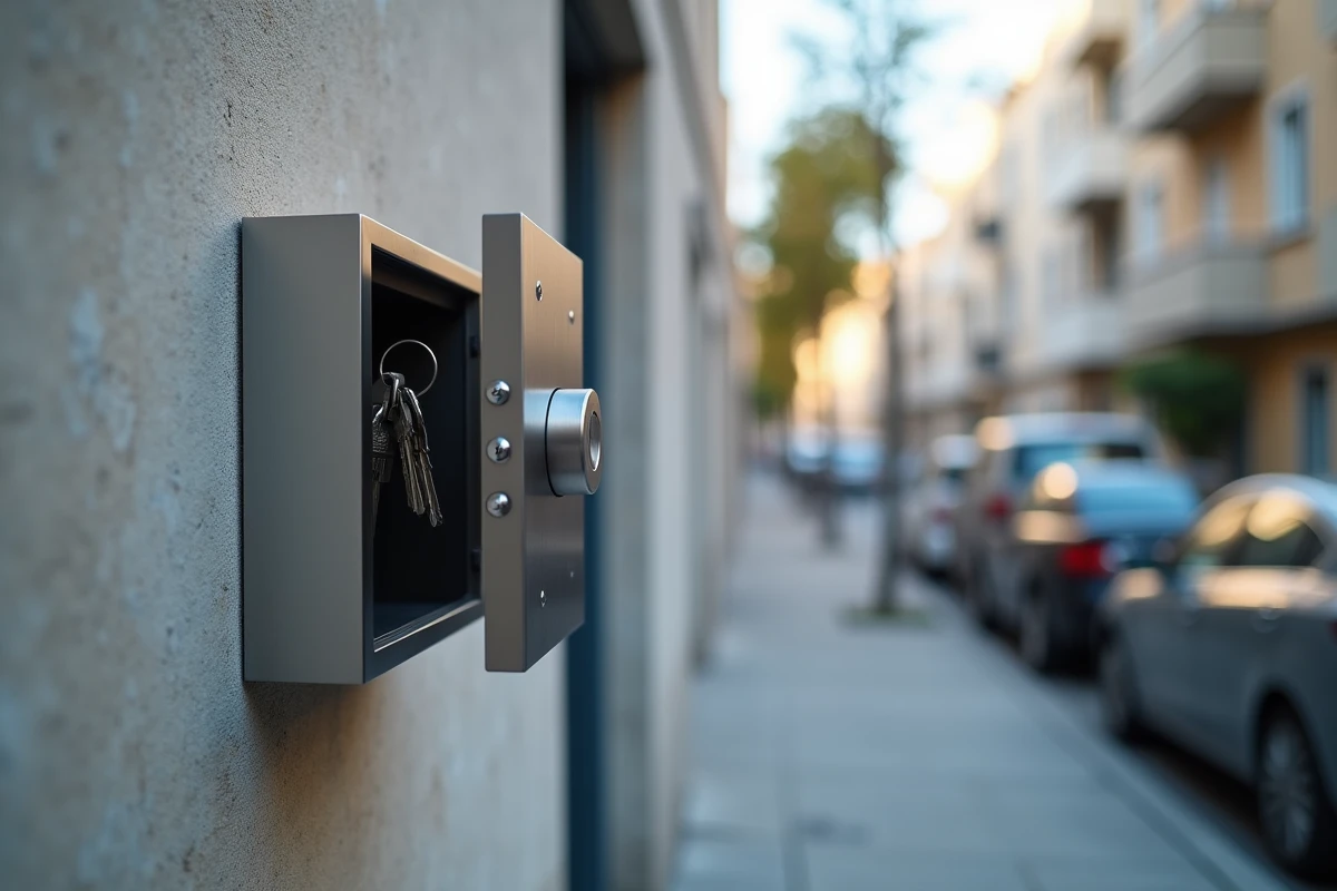 Coffre à clé en acier inoxydable ouvert fixé sur un mur en béton d'immeuble résidentiel urbain