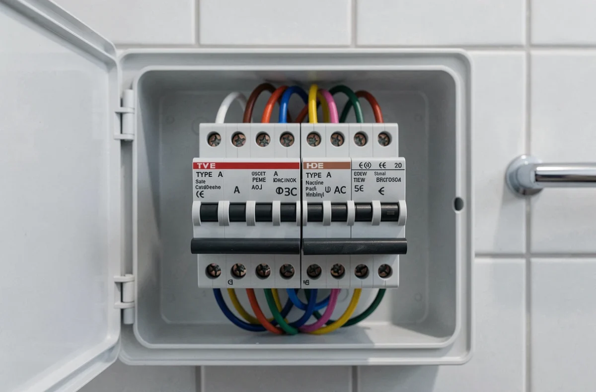 Comparaison d'un disjoncteur de type A et de type AC dans un tableau électrique de salle de bains