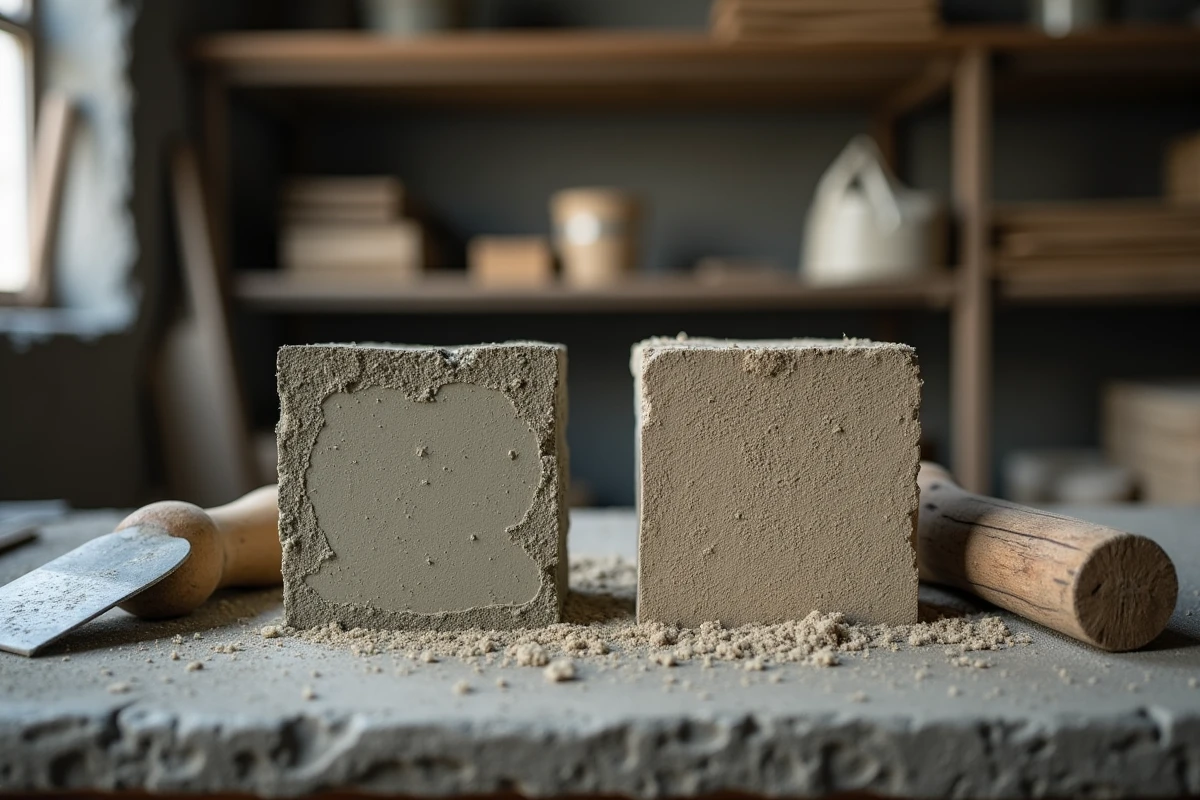 Comparaison de deux échantillons de mortier en sac et mortier maison sur un établi d'atelier