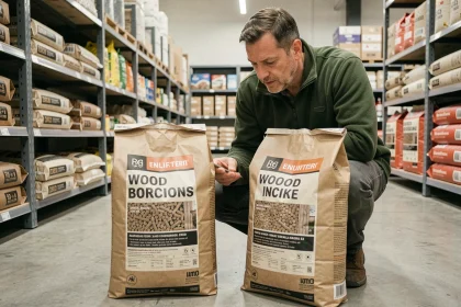 Homme comparant deux sacs de granulés de bois de marques différentes dans un magasin de bricolage, évaluant le rapport qualité-prix des pellets