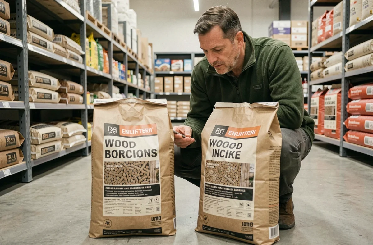 Homme comparant deux sacs de granulés de bois de marques différentes dans un magasin de bricolage, évaluant le rapport qualité-prix des pellets