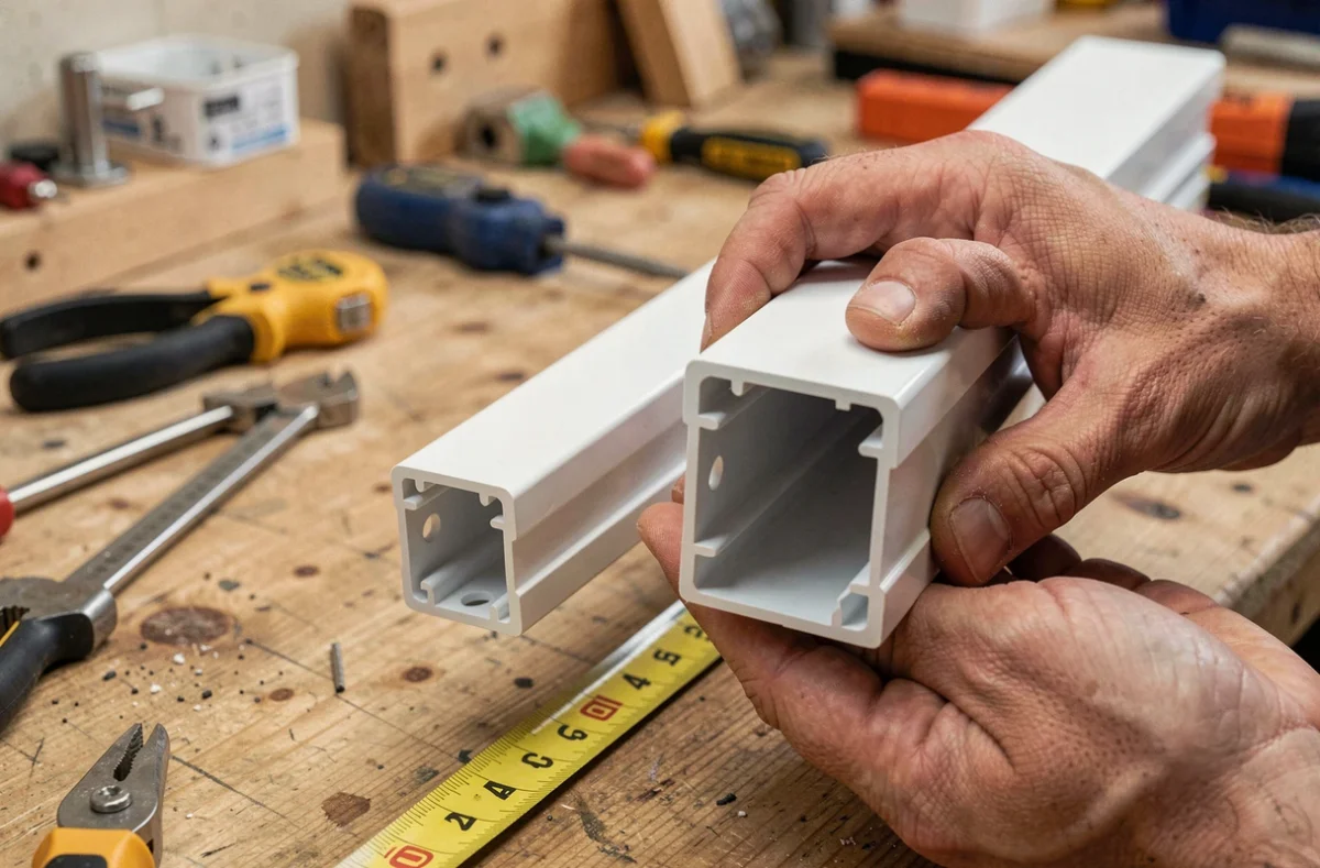 Comparaison de deux goulottes à prise intégrée de sections différentes tenues par les mains d'un électricien sur un établi avec outils